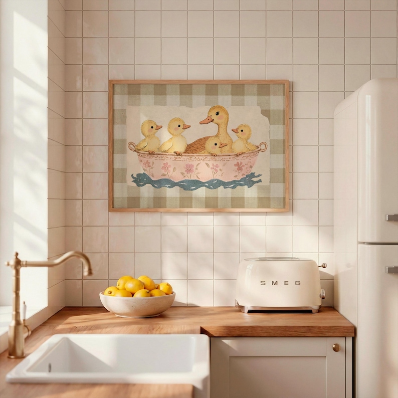 Whimsical illustration of a mother duck with four fluffy ducklings sitting together in a vintage pink floral teacup, placed against a soft beige textured background layered on top of a brown gingham pattern.
Duck wall art cute duck art kids room decor bathroom wall decor duck lover gift baby shower gift kids bathroom decor cute duck print trendy wall art printable wall art beige plaid gingham print cottagecore decor digital download duck nursery print vintage duck art beige gingham nursery.