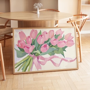 Pink Tulips Wall Print Tulips Oil Painting Floral Bouquet Printable Pink Ribbon Wall Decor Dutch Tulips Printable Floral Wall Art Digital