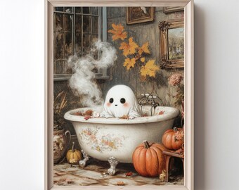 Könnte beinhalten: Gerahmter Druck eines niedlichen Geistes in einer Vintage-Badewanne mit Herbstblättern. Dampf steigt aus dem Wasser auf. Zwei orangefarbene Kürbisse stehen neben der Wanne. Das Kunstwerk hat eine warme Farbpalette und erzeugt eine gemütliche, saisonale Atmosphäre.