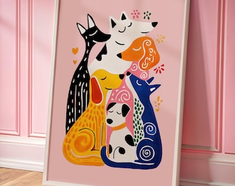 Puede incluir: Una ilustración colorida de cinco perros en un abrazo. Los perros son de diferentes razas y colores, y todos están sonriendo. El fondo es de color rosa claro.