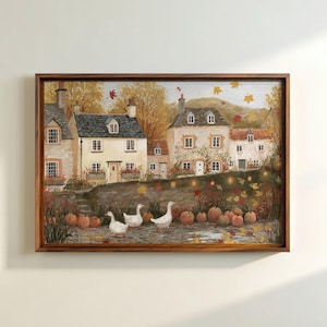 Cozy Autumn Village Print Cozy Fall Farmhouse Wall Art Cottagecore Autumn Printable Goose Country Landscape Pumpkin Village Digital Download