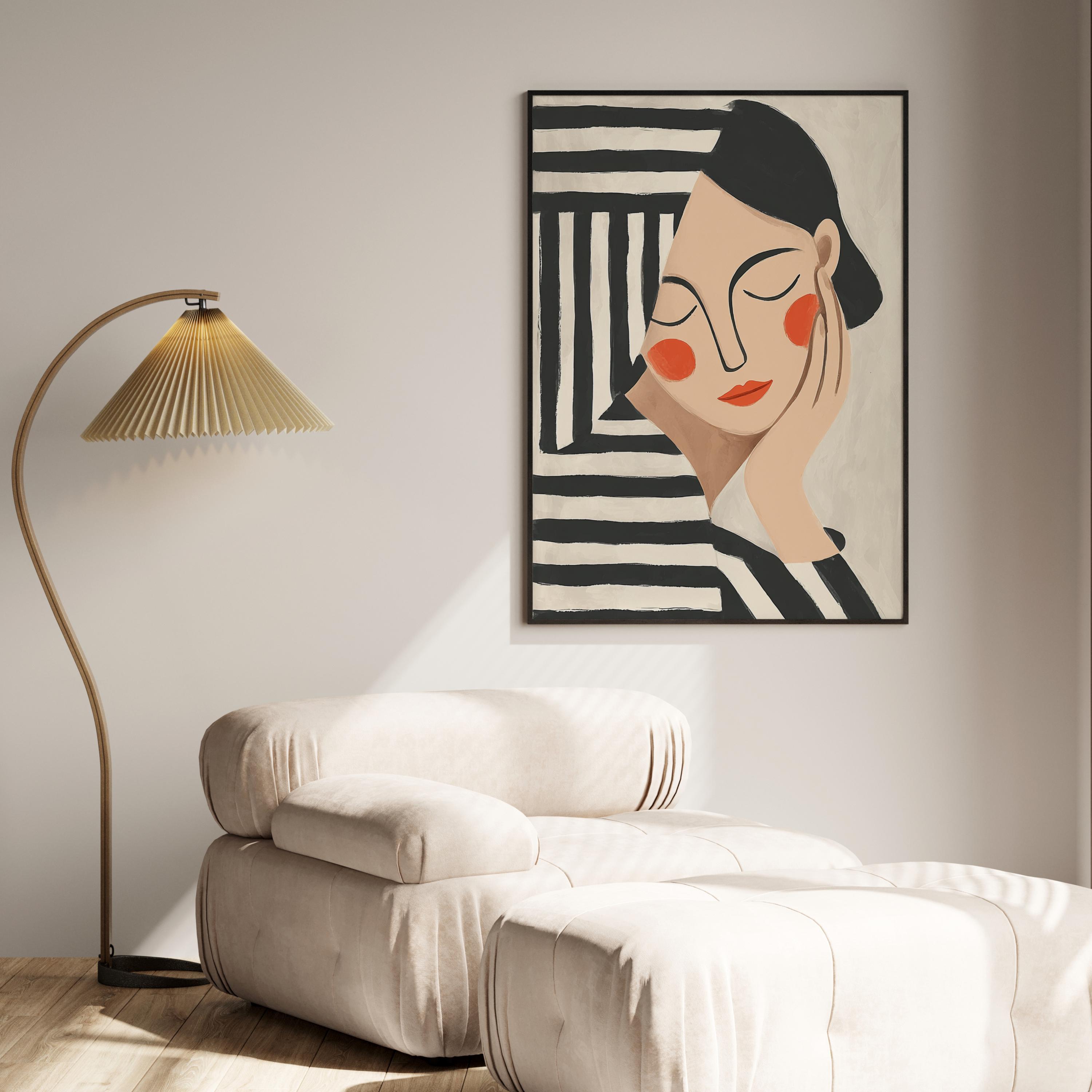 Minimalist Woman Art Print: Abstract Portrait, Black and White Stripes ...
