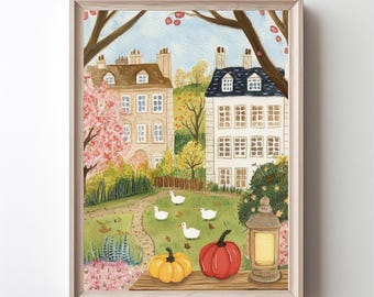Autumn Village Print Rustic Farmhouse Fall Landscape Digital Download