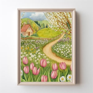 Watercolor illustration of a spring cottage meadow with pink tulips, white daisies, a winding path, and a small countryside house under blooming trees in cottagecore style. Spring landscape farmhouse decor cozy cottage printable wall art cottage decor cozy home decor spring flowers digital download pink tulip wall art tulip wall decor.
