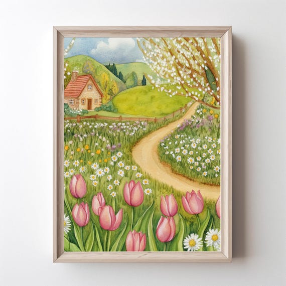 Spring Cottage Meadow Art Print Pink Tulip Wall Art (Digital Download)