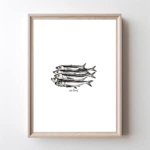 Vintage Sardine Art Print Sardine Poster Vintage Kitchen Decor Minimalist Kitchen Wall Art Seafood Drawing Illustration Digital Download