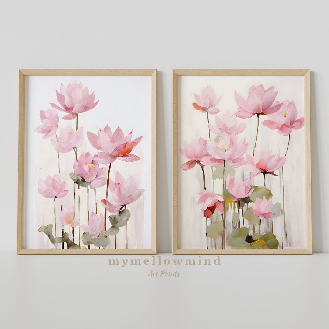 Pink Lotus Flower Art Print Set: Japandi Floral Wall Decor (digital ...