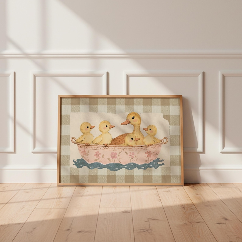 Whimsical illustration of a mother duck with four fluffy ducklings sitting together in a vintage pink floral teacup, placed against a soft beige textured background layered on top of a brown gingham pattern.
Duck wall art cute duck art kids room decor bathroom wall decor duck lover gift baby shower gift kids bathroom decor cute duck print trendy wall art printable wall art beige plaid gingham print cottagecore decor digital download duck nursery print vintage duck art beige gingham nursery.