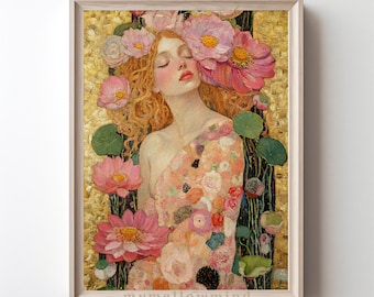 Stampa artistica della Dea, ispirata a Gustav Klimt, opera d'arte floreale boho per pareti, elegante decorazione per la casa, stampa artistica di un fiore di loto rosa, donna elegante.