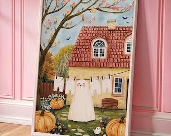 Cute Sheet Ghost Art Spooky Cute Decor Print Cute Ghost Hanging Clothes Printable Art Cozy Spooky Season for Kids Rooms Decor Fall Pumpkin
