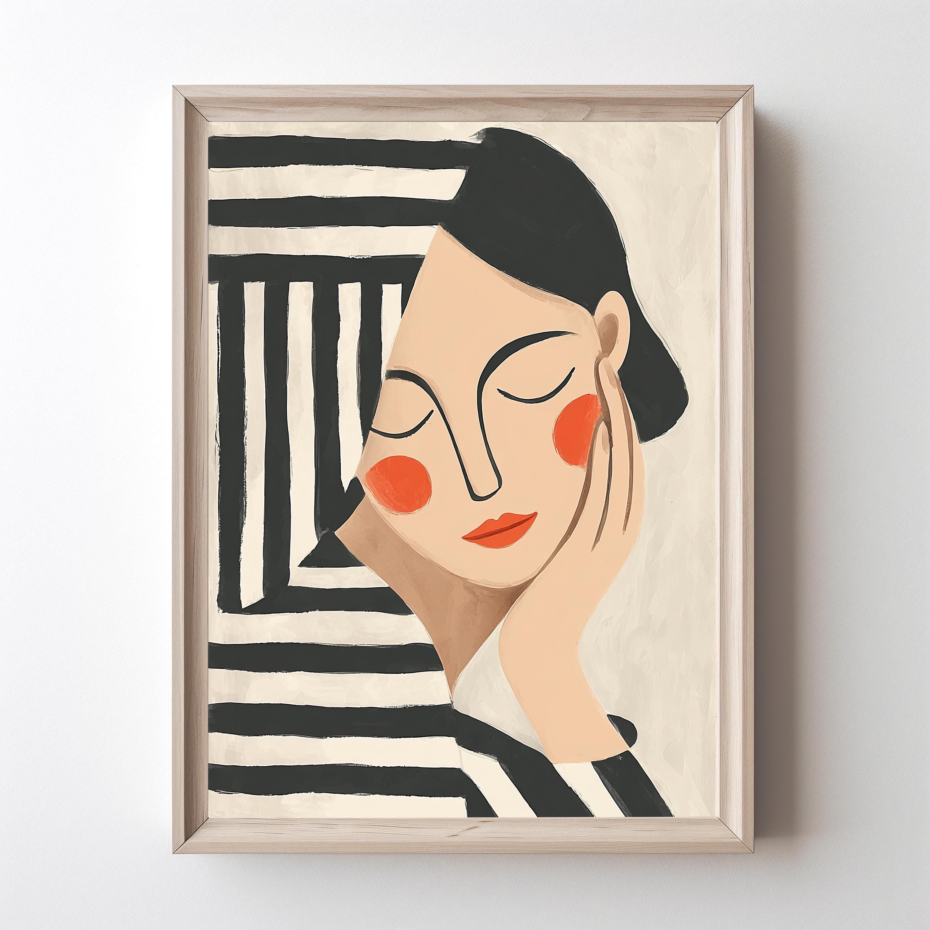 Modern Abstract Woman Art Print Minimalist Face Illustration Woman in Black and White Stripes Wall Art Contemporary Portrait Printable Art