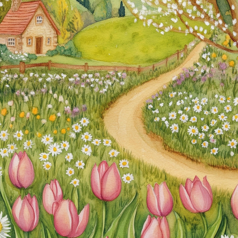 Watercolor illustration of a spring cottage meadow with pink tulips, white daisies, a winding path, and a small countryside house under blooming trees in cottagecore style. Spring landscape farmhouse decor cozy cottage printable wall art cottage decor cozy home decor spring flowers digital download pink tulip wall art tulip wall decor.
