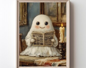 Cozy Ghost Reading Print Smiling Ghost Wall Art Ghost Spook Halloween Printable Vintage Ghost Halloween Decor Spooky Cute Ghost Digital Art