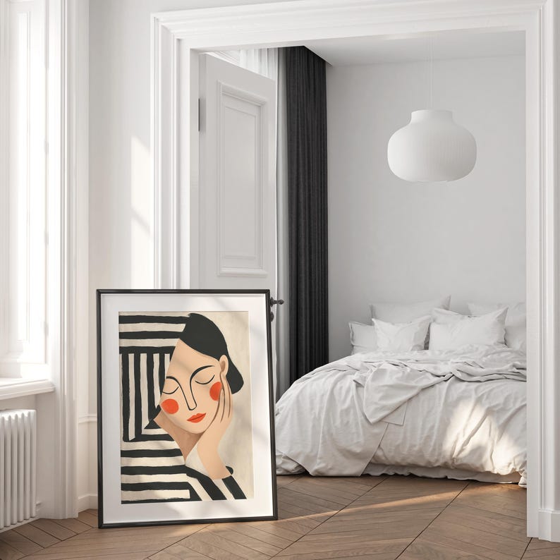 Minimalist Woman Art Print: Abstract Portrait, Black and White Stripes ...
