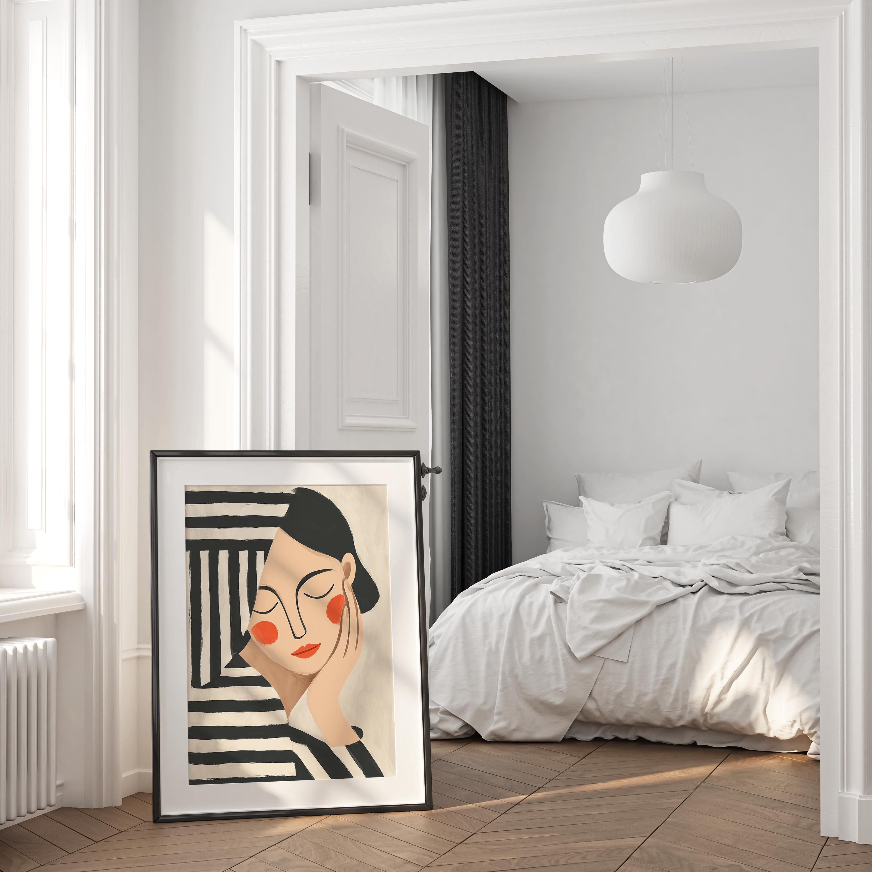 Minimalist Woman Art Print: Abstract Portrait, Black and White Stripes ...