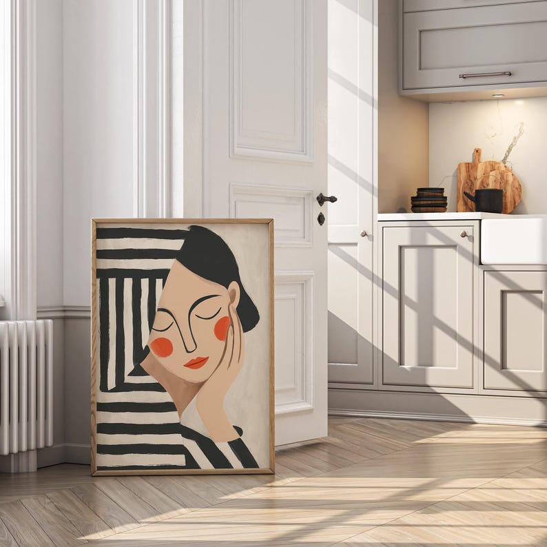 Minimalist Woman Art Print: Abstract Portrait, Black and White Stripes ...