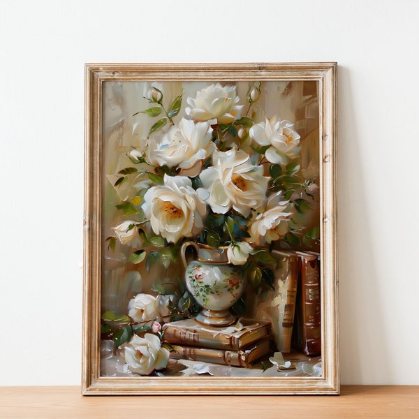 Printable "Eternal Elegance - Vintage-Style Oil Painting of White Roses on Antique Books" Digital Download