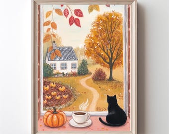 May include: A framed watercolor painting depicts an autumn scene viewed through a window. A black cat sits on the windowsill, looking out at a pumpkin, a cup of coffee, and a quaint house with a winding path. The scene is filled with fall colors.