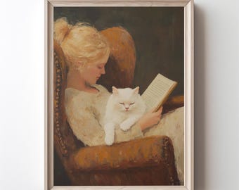 Woman Reading with White Cat Art Print: Cozy Living Room Decor (Digital Download)