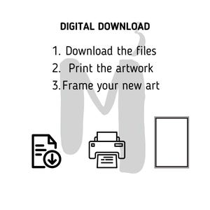 May include: A black and white graphic with the text "DIGITAL DOWNLOAD" and instructions: "1. Download the files, 2. Print the artwork, 3. Frame your new art." Includes icons of a document, printer, and a framed picture.