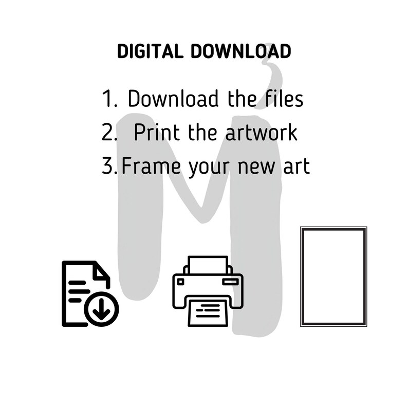 May include: A black and white graphic with the text "DIGITAL DOWNLOAD" and instructions: "1. Download the files, 2. Print the artwork, 3. Frame your new art." Includes icons of a document, printer, and a framed picture.