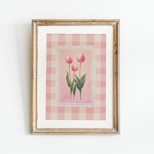 Pink Tulip Print Cozy Cottage Floral Gingham Background Digital Download Spring Flowers Printable Wall Art
