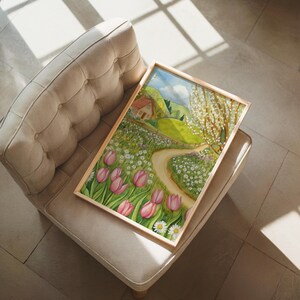 Watercolor illustration of a spring cottage meadow with pink tulips, white daisies, a winding path, and a small countryside house under blooming trees in cottagecore style. Spring landscape farmhouse decor cozy cottage printable wall art cottage decor cozy home decor spring flowers digital download pink tulip wall art tulip wall decor.