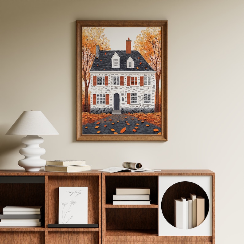 Cozy Fall Wall Art Print Charming Autumn Cottage With Fall Foliage