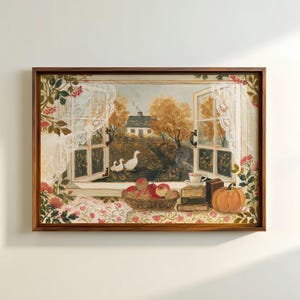 Cozy Autumn Cottage Window Print Fall Farmhouse Wall Art Ducks Country Landscape Rustic Cottagecore Decor Pumpkin Autumn Printable Art