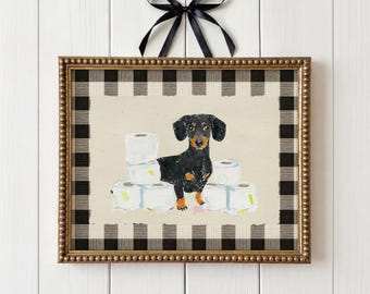 Funny Dachshund Toilet Paper Bathroom Wall Art Sausage Dog Bathroom Decor Cute Dog Toilet Humor Print Black Gingham Digital Download