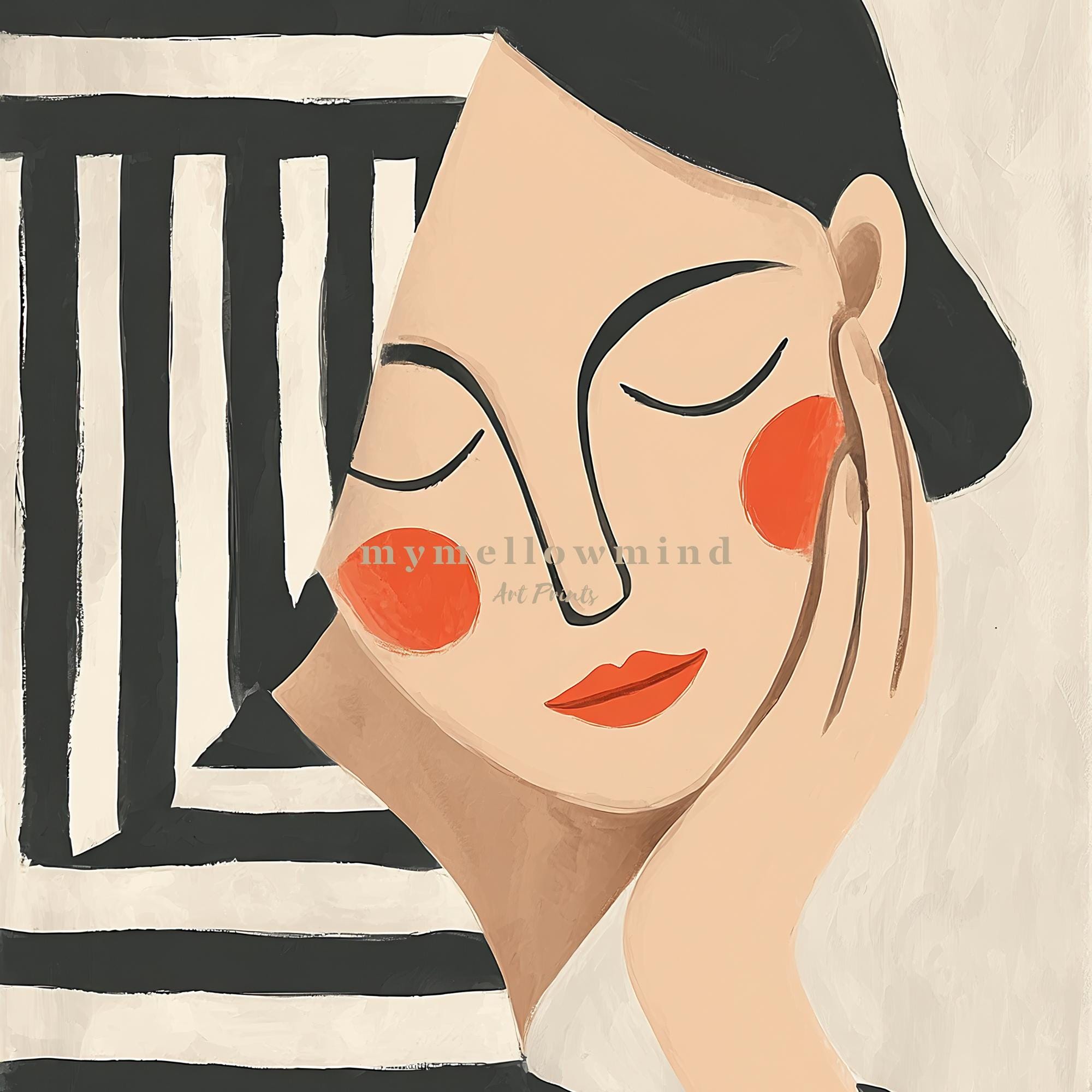 Minimalist Woman Art Print: Abstract Portrait, Black and White Stripes ...
