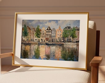 Stampa artistica di Amsterdam, decorazione olandese, dipinto di Amsterdam, stampa artistica da parete di Amsterdam, stampa artistica di paesaggio urbano, Amsterdam digitale, regalo di Amsterdam