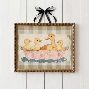 Whimsical illustration of a mother duck with four fluffy ducklings sitting together in a vintage pink floral teacup, placed against a soft beige textured background layered on top of a brown gingham pattern.
Duck wall art cute duck art kids room decor bathroom wall decor duck lover gift baby shower gift kids bathroom decor cute duck print trendy wall art printable wall art beige plaid gingham print cottagecore decor digital download duck nursery print vintage duck art beige gingham nursery.