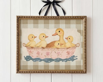 Vintage Mother Duck Nursery Print Cottagecore Beige Gingham Wall Art Digital Download