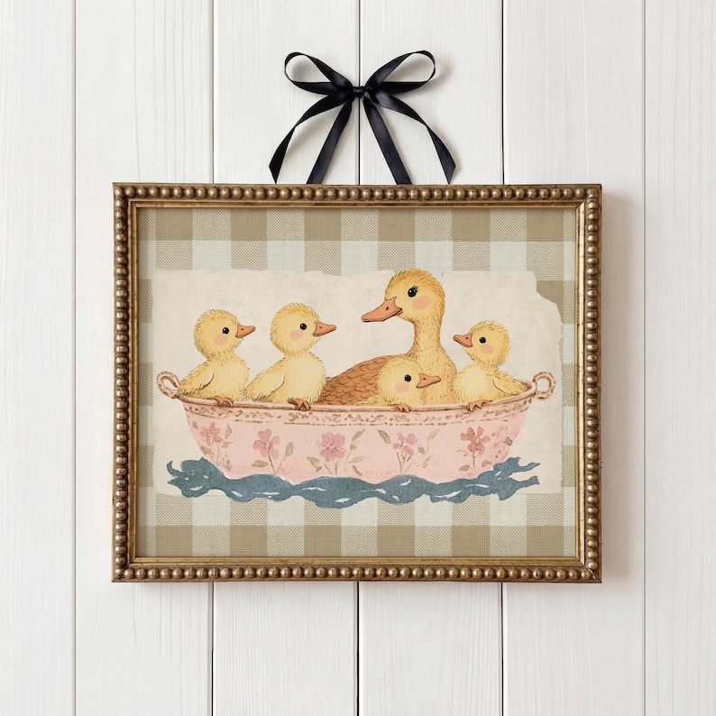Whimsical illustration of a mother duck with four fluffy ducklings sitting together in a vintage pink floral teacup, placed against a soft beige textured background layered on top of a brown gingham pattern.
Duck wall art cute duck art kids room decor bathroom wall decor duck lover gift baby shower gift kids bathroom decor cute duck print trendy wall art printable wall art beige plaid gingham print cottagecore decor digital download duck nursery print vintage duck art beige gingham nursery.