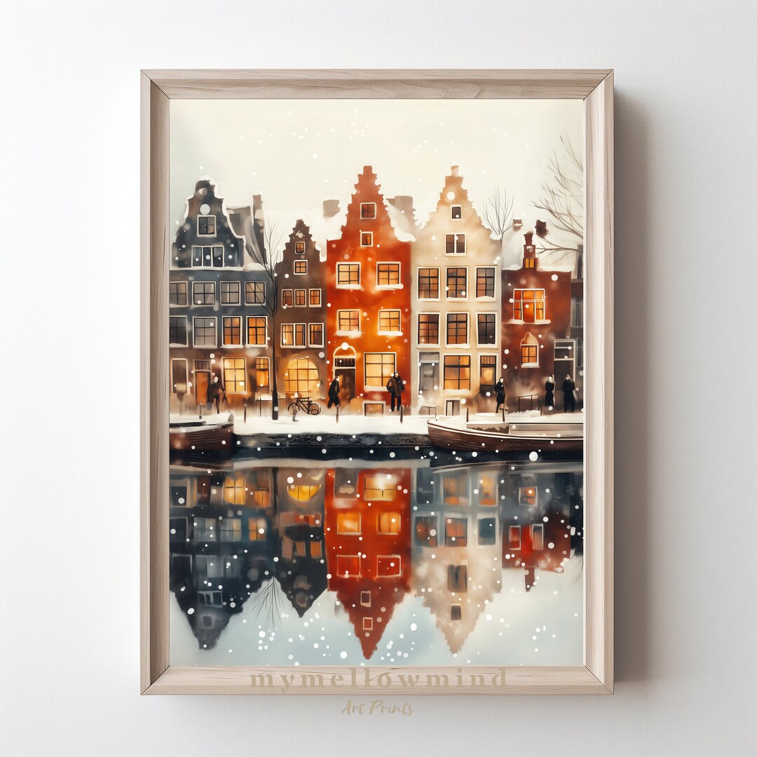 Amsterdam Art Print Cozy Winter Scene Wall Decor Snowy Canal Houses ...