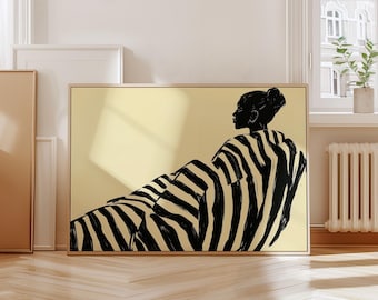 Modern Woman in Stripes Art Print Afrocentric Abstract Silhouette Art Woman in Black and White Stripes Print Contemporary Portrait Digital
