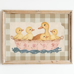 Whimsical illustration of a mother duck with four fluffy ducklings sitting together in a vintage pink floral teacup, placed against a soft beige textured background layered on top of a brown gingham pattern.
Duck wall art cute duck art kids room decor bathroom wall decor duck lover gift baby shower gift kids bathroom decor cute duck print trendy wall art printable wall art beige plaid gingham print cottagecore decor digital download duck nursery print vintage duck art beige gingham nursery.
