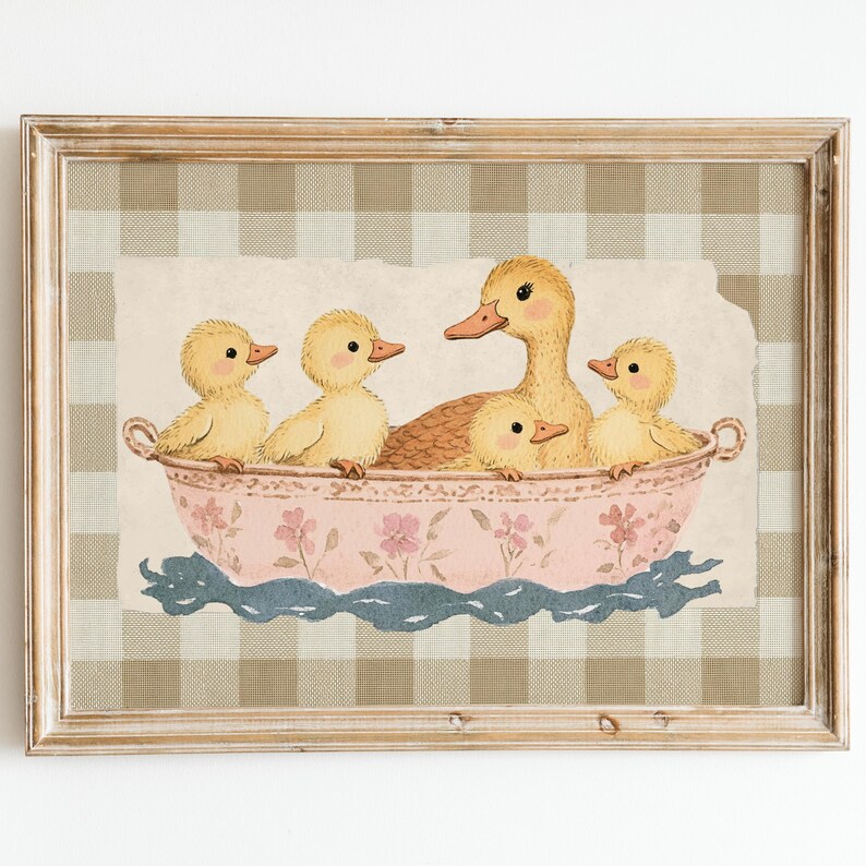 Whimsical illustration of a mother duck with four fluffy ducklings sitting together in a vintage pink floral teacup, placed against a soft beige textured background layered on top of a brown gingham pattern.
Duck wall art cute duck art kids room decor bathroom wall decor duck lover gift baby shower gift kids bathroom decor cute duck print trendy wall art printable wall art beige plaid gingham print cottagecore decor digital download duck nursery print vintage duck art beige gingham nursery.