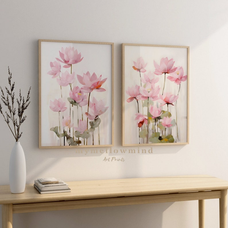 Pink Lotus Flower Art Print Set: Japandi Floral Wall Decor (digital ...