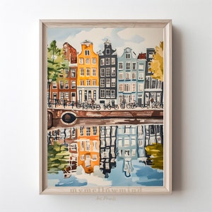 アムステルダムの水彩画 オランダのアートプリント オランダのアムステルダムの家 印刷可能なヨーロッパの都市の風景 アムステルダムの通り オランダの壁アート