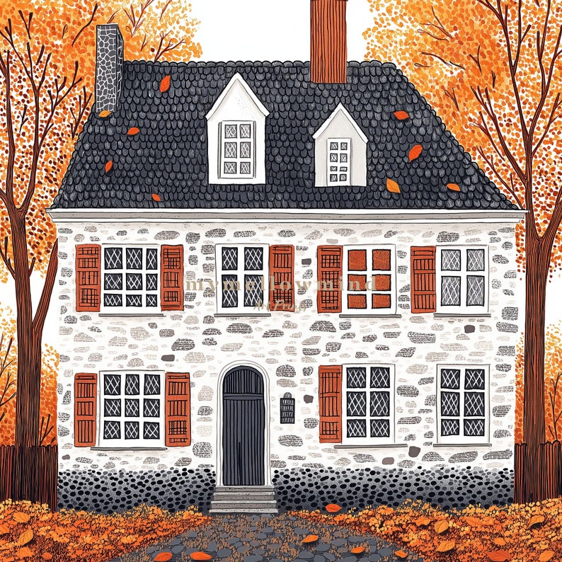Cozy Fall Wall Art Print Charming Autumn Cottage With Fall Foliage