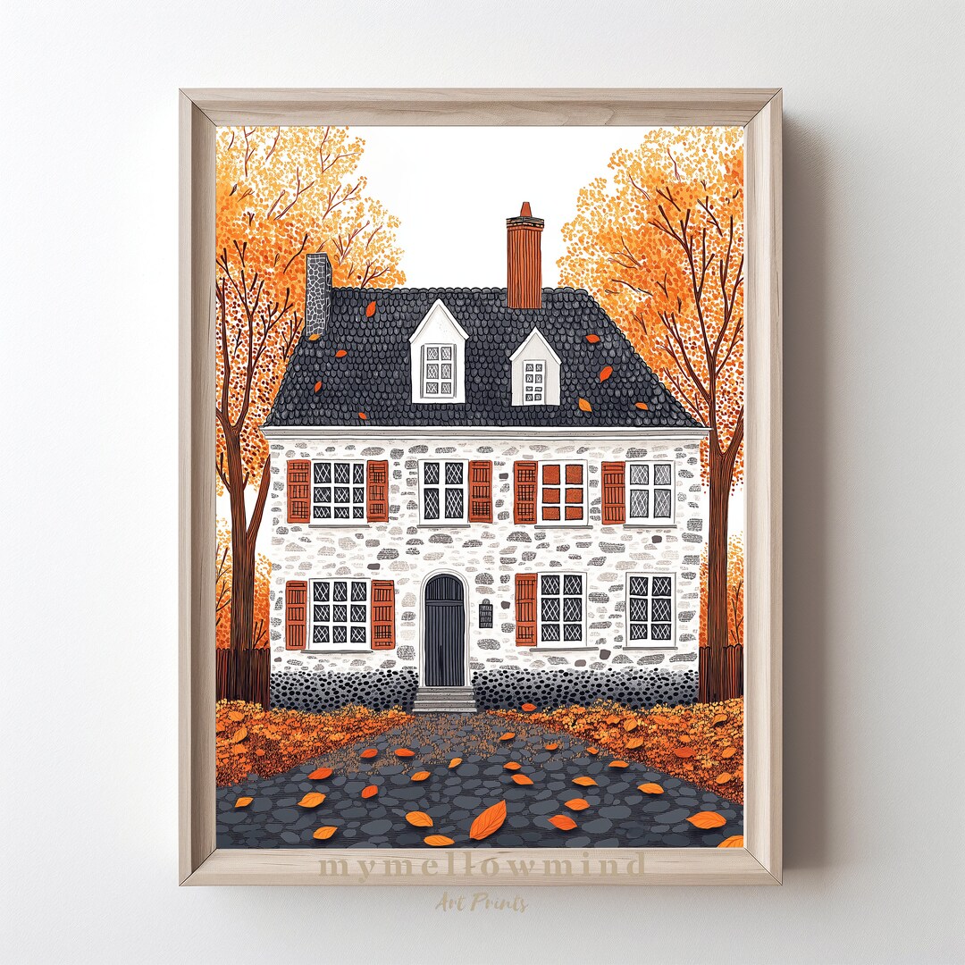Cozy Fall Wall Art Print Charming Autumn Cottage With Fall Foliage