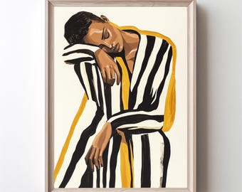 Black Woman Wall Art Modern Striped Portrait Paint Sleeping Woman Oil Painting Print Contemporary Fashion Printable Wall Art Black Girl