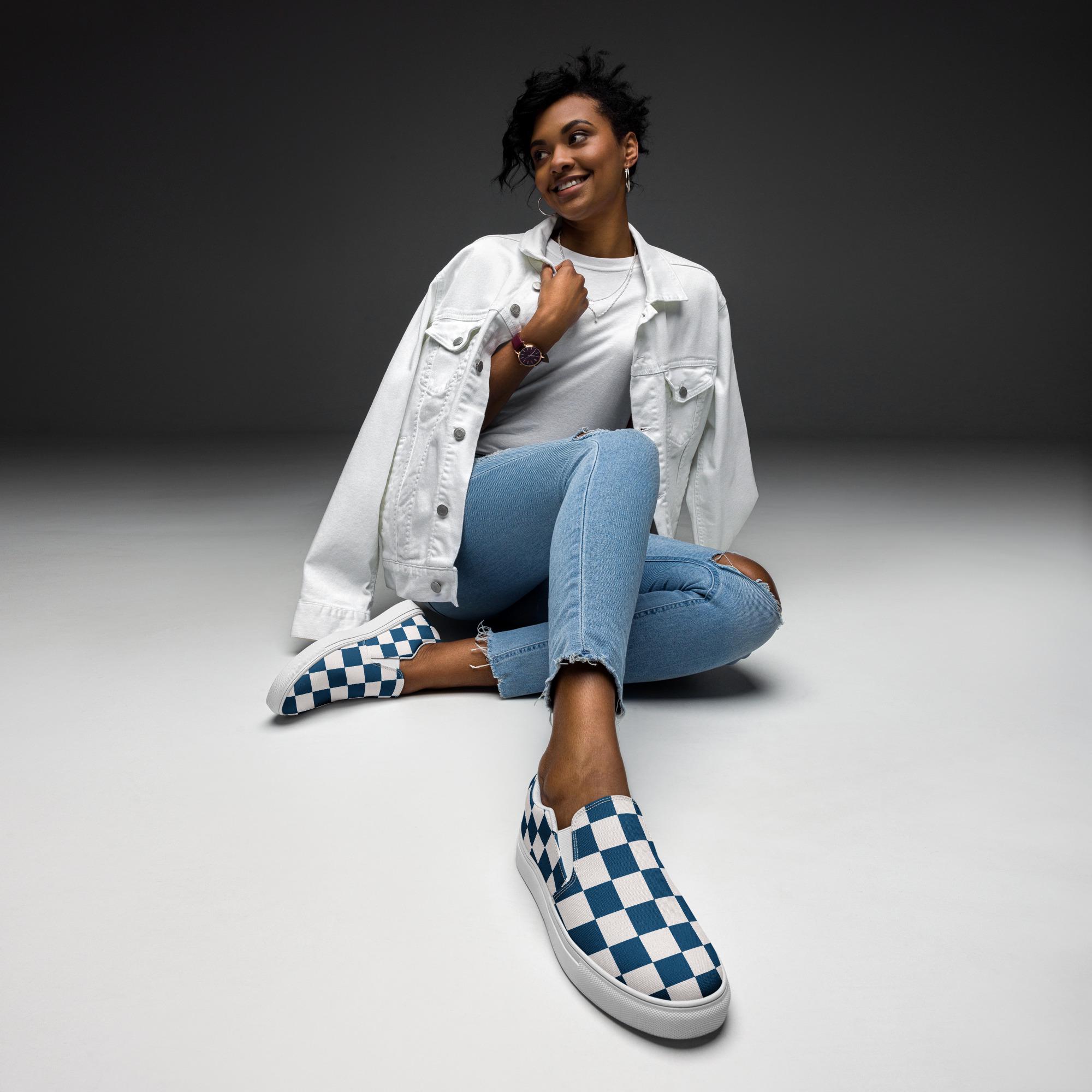Navy blue checkered vans slip on hotsell