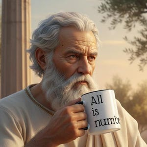 Könnte beinhalten: Ein Mann mit langem weißem Bart und Haar, bekleidet mit einem cremefarbenen Gewand, hält eine weiße Tasse mit schwarzen Akzenten. Auf der Tasse steht "All is numb". Der Hintergrund zeigt Bäume und eine klassische Säule.