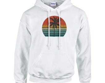 Retro Palme Sonnenuntergang Hoodie - Vintage Beach Vibes Sweatshirt, gemütliches Strand-Liebhaber Geschenk, ästhetischer Grafik Hoodie