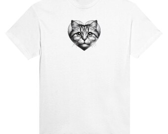 Camiseta con corazón de gato / Camiseta en blanco y negro para amantes de los animales / Camiseta gráfica hecha a mano