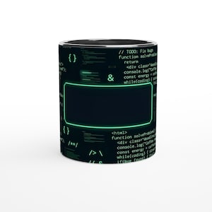 Pode incluir: Caneca de café preta com borda verde néon e design de código de computador. A caneca apresenta texto como "TODO: Fix bugs" e "function solveProblem".