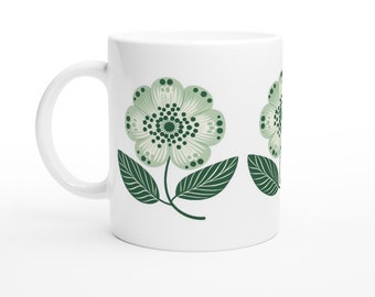 Caneca de flor - 11oz Caneca de cerâmica - flores verdes, floral, flora, blume, blumen, canecas, café, chá, xícara de cerâmica